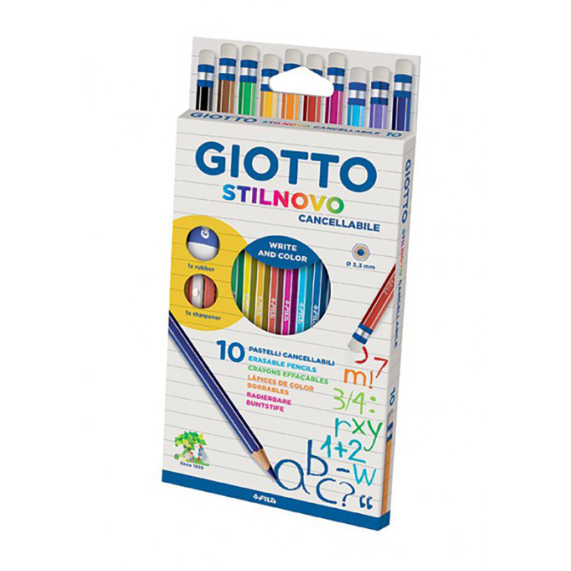 Набор карандашей цветных Giotto Stilnovo Erasable, стираемые, ластик, точилка, 10 цветов, картон