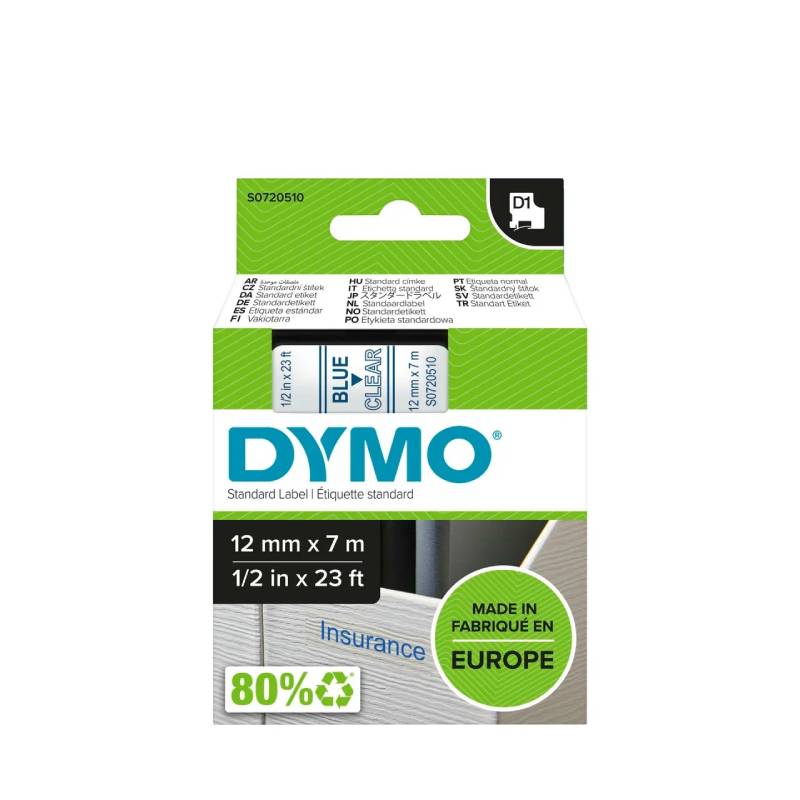 Картридж с виниловой лентой D1 для принтеров Dymo Label Manager, пластик, голубой шрифт, 12 мм х 7 м