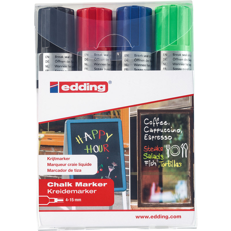 Набор маркеров меловых по стеклу edding 4090, смываемые, скошенный наконечник, 4-15 мм, 4 цвета