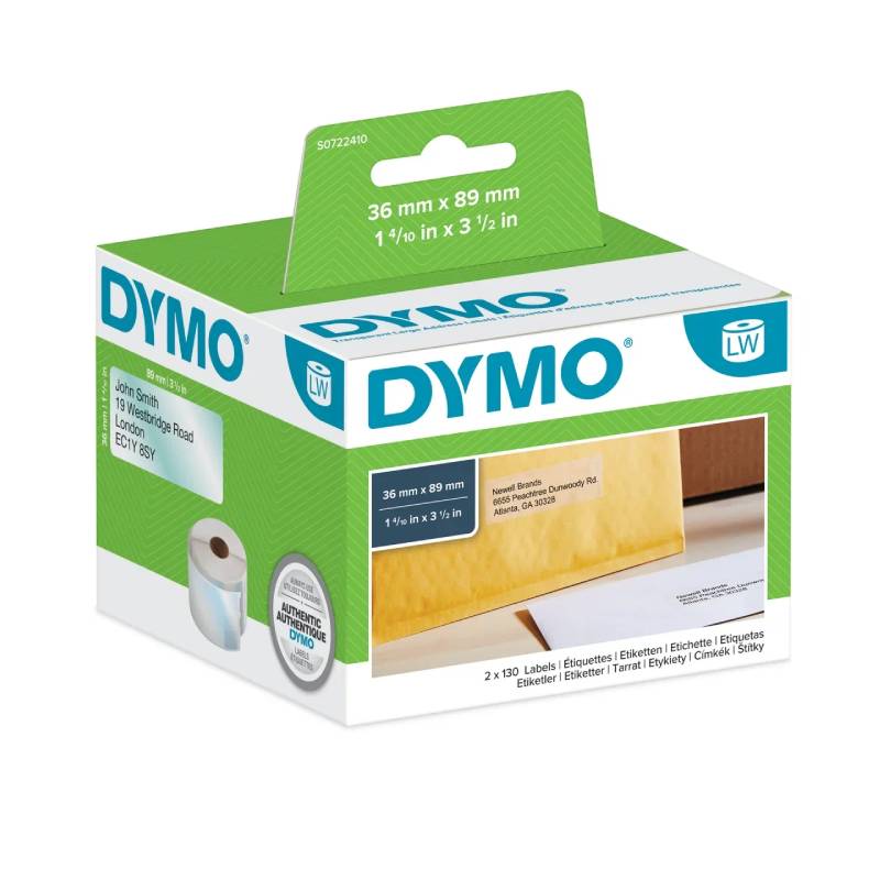 Этикетки адресные для принтеров Dymo Label Writer, прозрачные, 89 мм х 36 мм, 260 штук