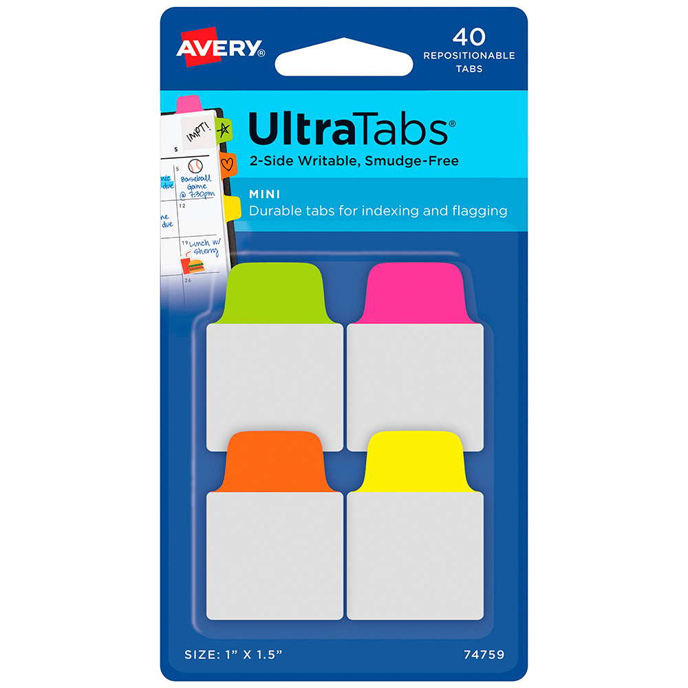 Клейкие закладки-флажки Avery Zweckform UltraTabs, 25.4 х 38.1 мм, разноцветные, неон, 40 штуки