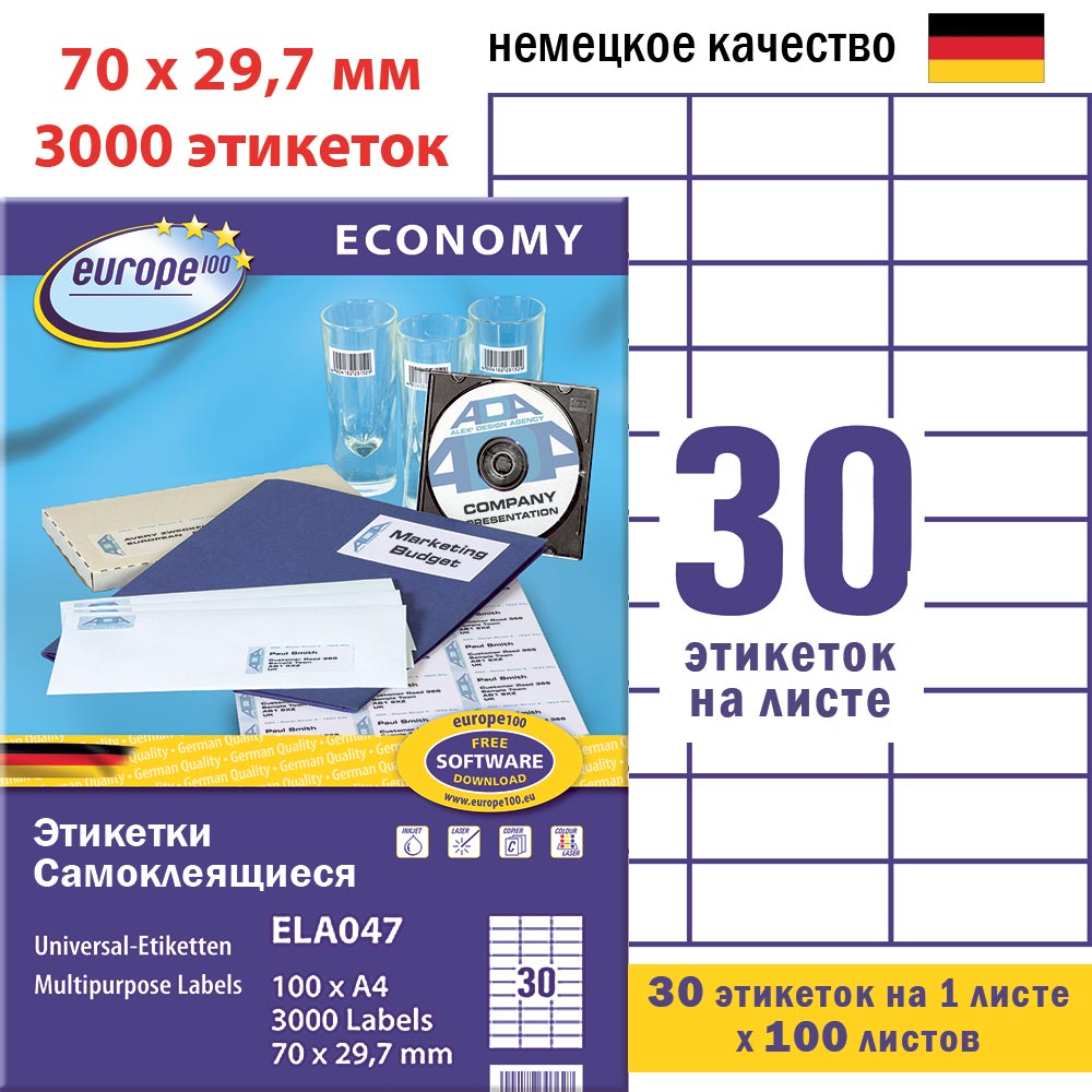 Этикетки самоклеящиеся Avery Zweckform Европа-100, белые, 70 x 29.7 мм, 30 штук на листе, 100 листов