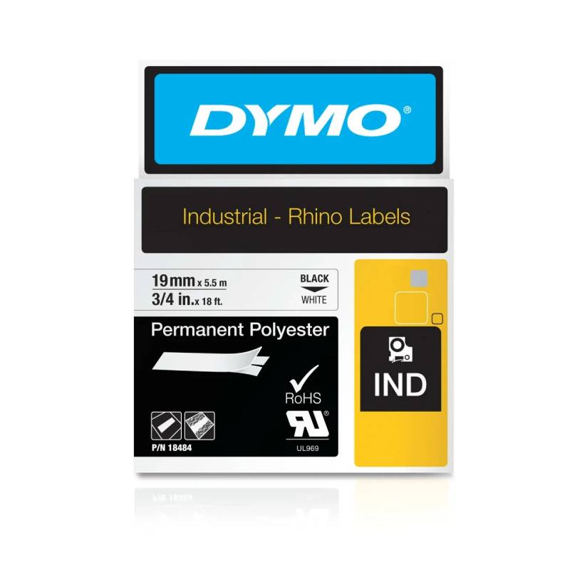 Лента полиэстровая Dymo, для принтеров Rhino, черный шрифт, 5.5 м х 19 мм, белая