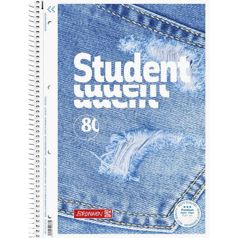 Тетрадь в линейку на пружине А4 Brunnen Student Premium Jeans, микроперфорация, 90 гр/м2, 80 листов