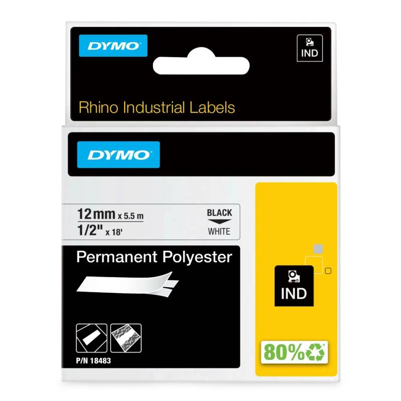 Лента полиэстровая Dymo, для принтеров Rhinо, черный шрифт, 5.5 м х 12 мм, белая