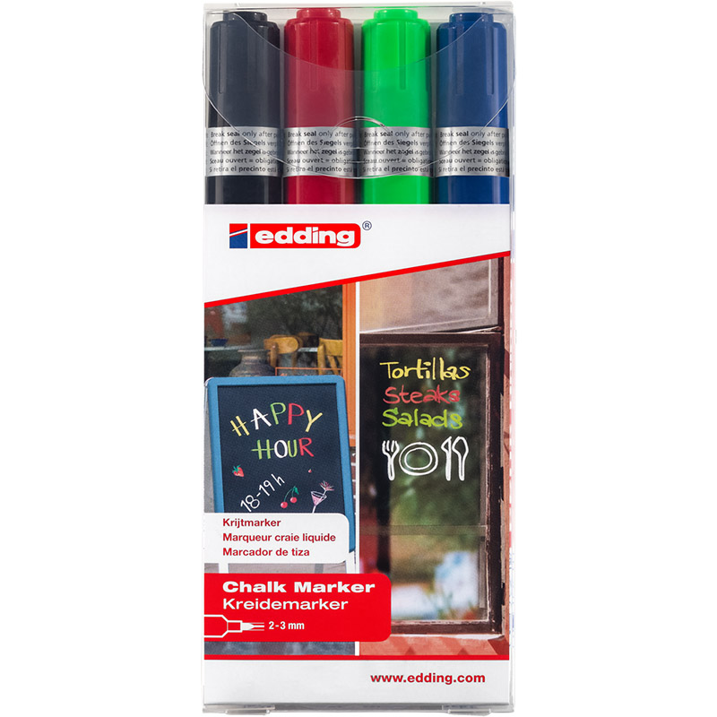 Набор маркеров меловых по стеклу edding 4095, смываемые, круглый наконечник, 2-3 мм, 4 цвета