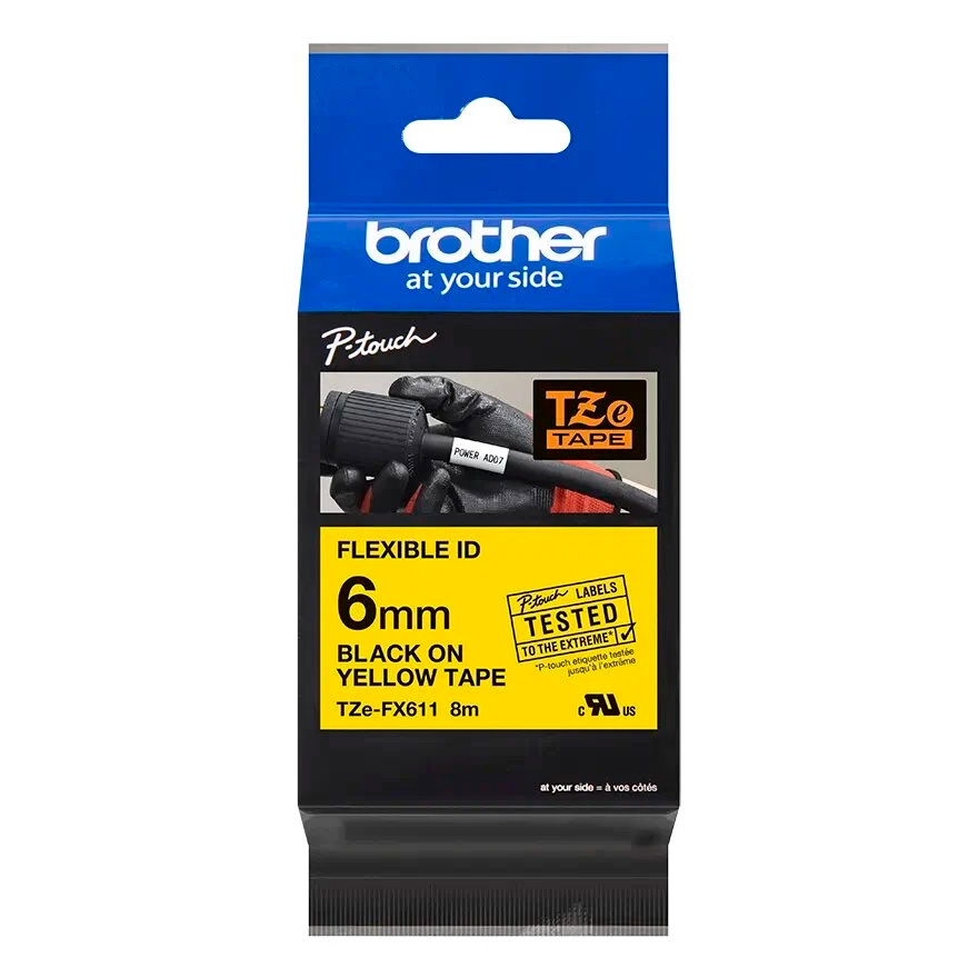 Картридж brother tze-fx611 с гибкой лентой 6 мм х 8 м, черный шрифт