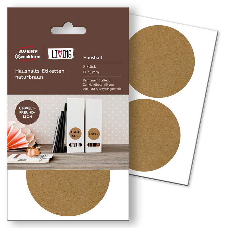 Этикетки для дома Avery Zweckform Living, коричневые крафт, d-73 мм, 8 штук