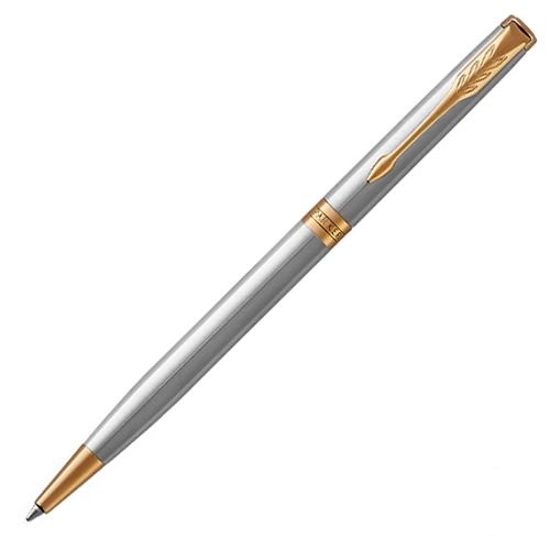 Ручка шариковая Parker Sonnet Slim Stainless Steel GT, толщина линии M, позолота 23К (S0809150)